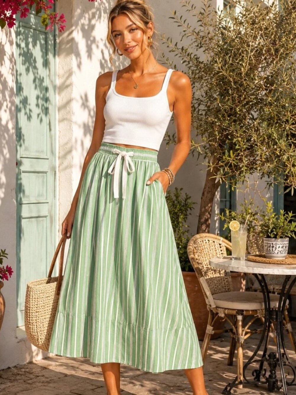 NEW! Talbots Green Striped Midi Skirt with White Drawstring